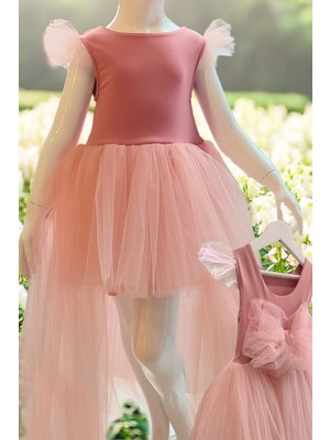 Kız Çocuk Pudra Pembe Fiyonklu Tütü Elbise, Önü Kısa Arkası Uzun Doğum Günü Elbisesi