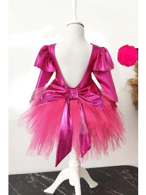 Fuşya Fiyonklu Kız Çocuk Tütü Elbise, Uzun Kollu Fuşya Doğum Günü Elbisesi, Bandana