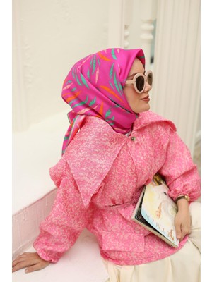 Silk Home Pembe Turuncu Desenli Tivil Ipek Eşarp 11432-11