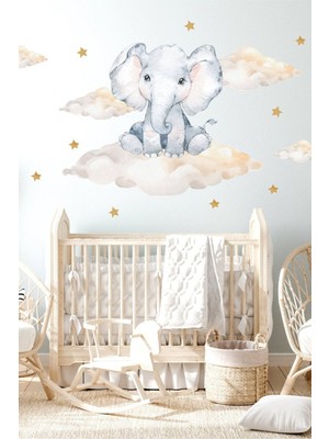 Mediterian Renkli fil ve bulutlar çocuk odası duvar çıkartması, eğlenceli dekorasyon 5+ parça