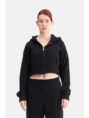 Mesfeno Kadın Fermuarlı Kapüşonlu Crop Sweatshirt