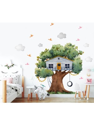 Mediterian Neşeli çocuk odası duvar çıkartması, renkli ağaç ve kuş teması, eğlenceli dekor