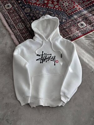 Üç Iplik Kapşonlu Baskılı Sweatshirt - Beyaz