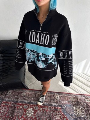 Kadın Yarım Fermuarlı Oversize Baskılı Sweatshirt - Siyah