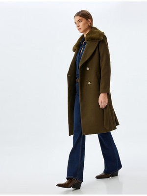 Koton Uzun Kaşe Kaban Çıkarılabilir Suni Kürk Yaka Kruvaze Düğmeli Kemerli Cepli