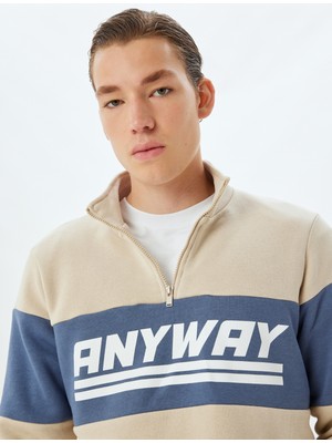 Koton Slogan Baskılı Sweatshirt Fermuarlı Yaka Renk Bloklu Pamuk Karışımlı