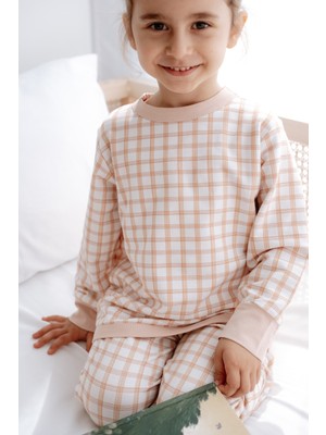 0.5 Tog - %100 Organik Pamuk Çocuk Pijama Takımı - Pöti Kare Desenli