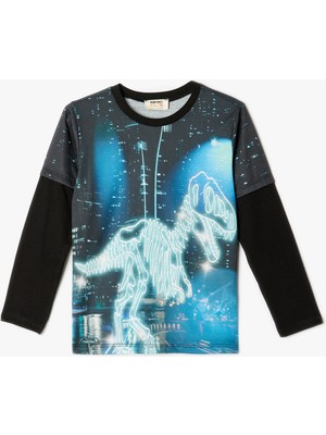 Koton Dinozorlu Tişört Uzun Kollu Bisiklet Yaka