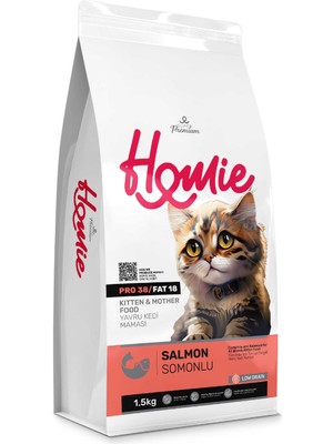 Homie Düşük Tahıllı Somonlu Yavru ve Anne Kedi Maması 1,5 kg