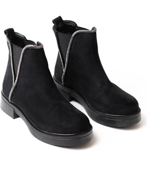 İnfon Ayakkabı Siyah Süet Taş Aksesuarlı Lastikli Günlük Kadın Bot