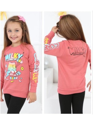 Kız Çocuk Milky Önü Arkası Kolu Yazı Desenli Gül Kurusu Renk Sweatshirt