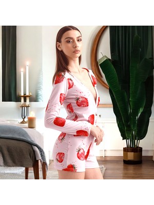 İbeeka Eğlenceli Çilek Desenli Pijama Tulum - Pembe Renk Ev Giyim Düğme Kapama