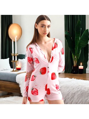 İbeeka Eğlenceli Çilek Desenli Pijama Tulum - Pembe Renk Ev Giyim Düğme Kapama