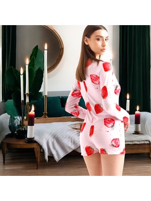 İbeeka Eğlenceli Çilek Desenli Pijama Tulum - Pembe Renk Ev Giyim Düğme Kapama