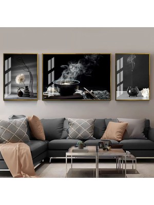 Harikabirev Harikabirev|siyah Beyaz Tütsü Kombini|çerçeveli Temperli Cam Tablo 3lü Yatay