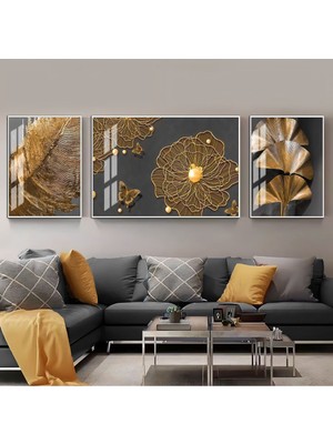 Harikabirev |siyah Gold Renk Çiçek ve Yaprak Kombini|çerçeveli Temperli Cam Tablo 3lü Yatay
