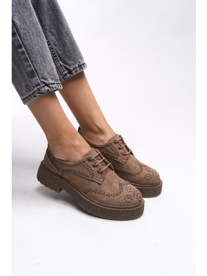 Riccon 00121990 Kadın Vizon Süet Bağcıklı Loafer Kısa Topuklu Konforlu Ayakkabı