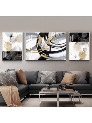 Harikabirev Harikabirev|siyah-Gold Soyut Şekil Kombini 09 |çerçeveli Temperli Cam Tablo 3lü Yatay