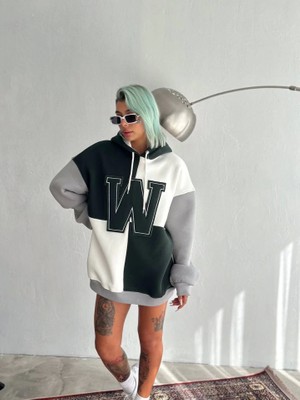 Stil Aura W Nakış Işlemeli Kapüşonlu Sweatshirt - Haki