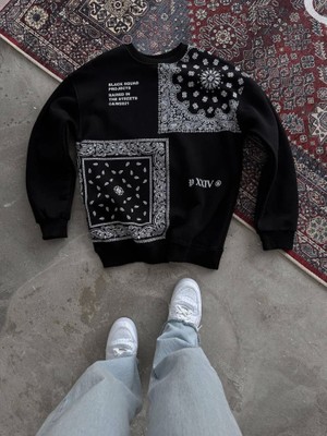 Stil Aura Desenli Üç Iplik Bisiklet Yaka Oversize Sweatshirt - Siyah