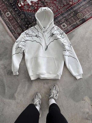 Stil Aura Yıldırım Baskılı Kapşonlu Sweatshirt - Beyaz