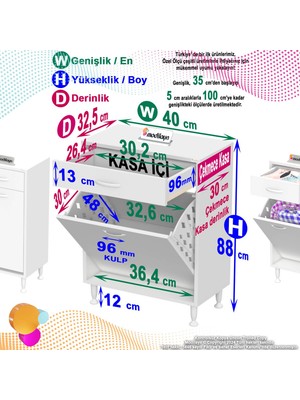 Modilayn Emir 40 x 88 x 32,5 cm 1 Göz Sepetli Kirli Çamaşır Banyo Dolabı Piratik Çok Foksiyonlu Düzenleyici Dolap