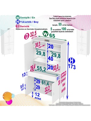 Modilayn Yeni Afra 65 x 173 x 32,5 cm 1 Çekmece 4 Kapak 5 Raf 8 Bölme Çok Amaçlı Banyo & Mutfak Dolabı 