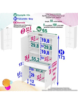 Modilayn Yeni Afra 65 x 173 x 32,5 cm 1 Çekmece 4 Kapak 7 Raf 10 Bölme Çok Amaçlı Banyo & Mutfak Dolabı 