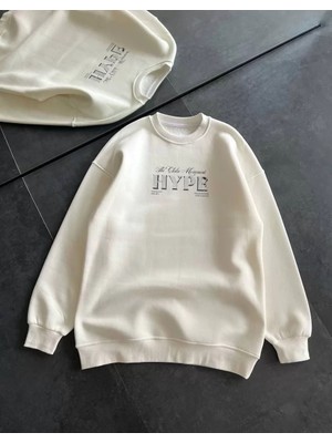 Tarz Yeri Kadın Üç Iplik Bisiklet Yaka Baskılı Sweatshirt - Beyaz