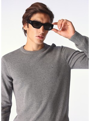 Fabrika Bisiklet Yaka Basic Düz Gri Melanj Erkek Kazak F4WM-KZK 2524