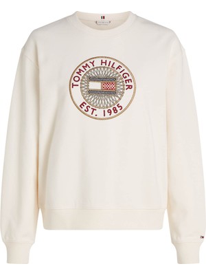 Tommy Hilfiger Yuvarlak Yaka Nakışlı Beyaz Kadın Sweatshırt Reg Nautıcal Emb C-Nk Sweatshırt