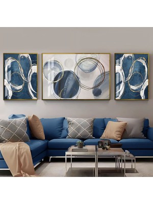 Harikabirev Harikabirev|mavi Gold Soft Krem Soyut Kombini|çerçeveli Temperli Cam Tablo 3lü Yatay