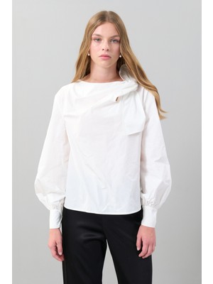 Tafta Yakası Fiyonk Detaylı Uzun Kol Bluz Beyaz K2513053_002