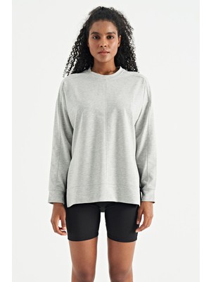 Veryperi Gri Melanj Düşük Omuzlu Derin Yırtmaçlı Rahat Kalıp Kadın Sweatshirt - 02136