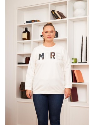Büyük Beden Taş Baskılı Sweatshirt Ekru