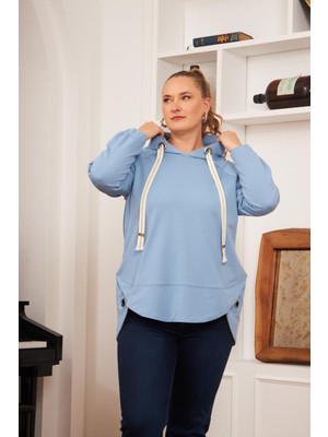 Rmg Büyük Beden Süslemeli Bağcıklı Kordon Sweatshirt Mavi