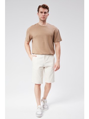 Erkek Beli Yarım Lastikli Keten Pamuk Karışımlı Slim Fit Şort Bej