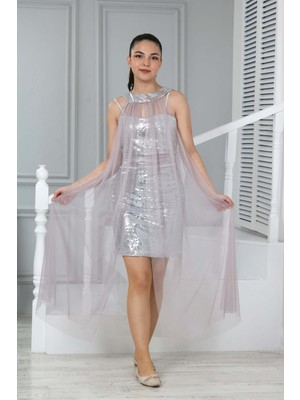 Çocuk Gümüş Gri Özel Dikim Payet Işlemeleri Pelerinli Iki Parça Abiye Elbise Mezuniyet Düğün KIYAFETI-ABY-2000