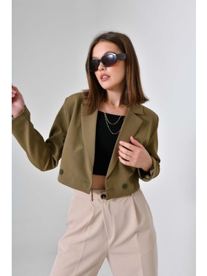 Saade Haki Kruvaze Crop Blazer Ceket Kadın %86 Polyester %14 Elastan Yumuşak ve Rahat