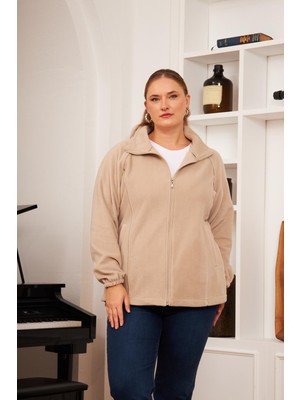 Rmg Büyük Beden Fermuarlı Polar Hırka Bej