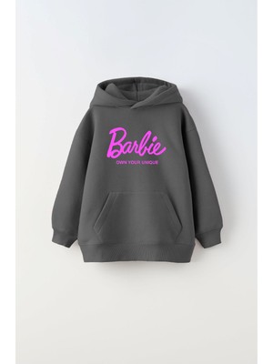 The Champ Clothing Kapüşonlu Içi Polar Barbie Own Your Unique Yazı Baskılı Füme  Çocuk Hoodie  Sweatshirt