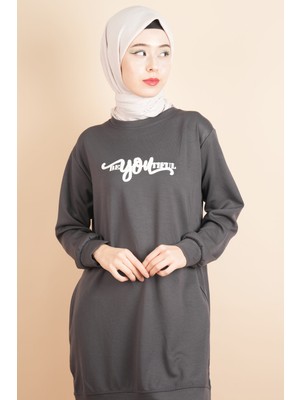 Tesettür Spor Üst Önü Baskılı Sweatshirt Gri