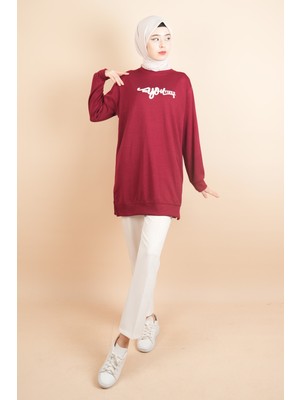 Tesettür Spor Üst Önü Baskılı Sweatshirt Bordo