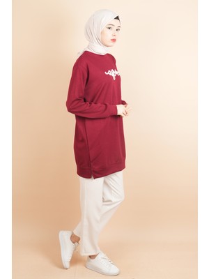 Tesettür Spor Üst Önü Baskılı Sweatshirt Bordo