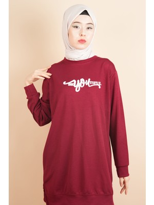 Tesettür Spor Üst Önü Baskılı Sweatshirt Bordo