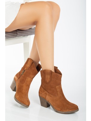 Analin Shoes Kadın Deri Yumuşak Süet Western Kovboy Bot - Taba Süet