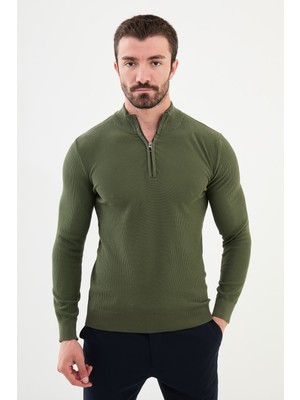 Dokulu Haki Slim Fit Fermuarlı Yarım Balıkçı Yaka Erkek Triko Kazak
