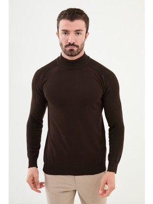MCR Düz Kahverengi Slim Fit Yarım Balıkçı Yaka Erkek Triko Kazak