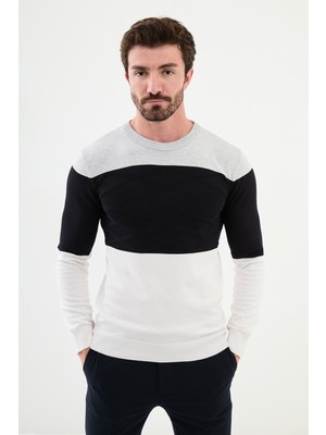 Parçalı Ekru Slim Fit Bisiklet Yaka Erkek Triko Kazak