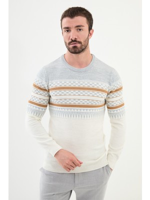 Desenli Ekru Slim Fit Bisiklet Yaka Erkek Triko Kazak